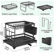 Dish Rack, 2 Tier Utensil Holder, Rustproof Dish Drying Rack With Drainboard And Utensil Holder For Kitchen Countertop, Kitchen Accessories Black