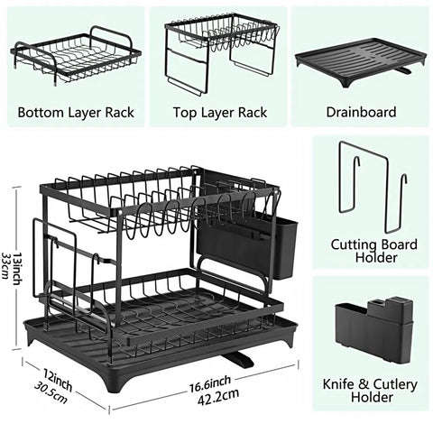 Dish Rack, 2 Tier Utensil Holder, Rustproof Dish Drying Rack With Drainboard And Utensil Holder For Kitchen Countertop, Kitchen Accessories Black