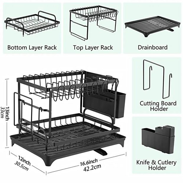 Dish Rack, 2 Tier Utensil Holder, Rustproof Dish Drying Rack With Drainboard And Utensil Holder For Kitchen Countertop, Kitchen Accessories Black