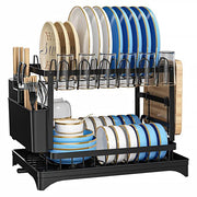 Dish Rack, 2 Tier Utensil Holder, Rustproof Dish Drying Rack With Drainboard And Utensil Holder For Kitchen Countertop, Kitchen Accessories Black