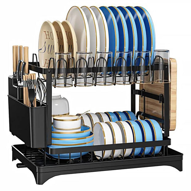 Dish Rack, 2 Tier Utensil Holder, Rustproof Dish Drying Rack With Drainboard And Utensil Holder For Kitchen Countertop, Kitchen Accessories Black
