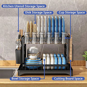 Dish Rack, 2 Tier Utensil Holder, Rustproof Dish Drying Rack With Drainboard And Utensil Holder For Kitchen Countertop, Kitchen Accessories Black