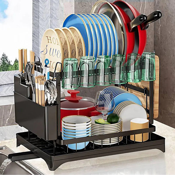 Dish Rack, 2 Tier Utensil Holder, Rustproof Dish Drying Rack With Drainboard And Utensil Holder For Kitchen Countertop, Kitchen Accessories Black