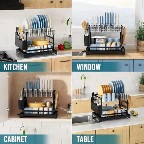 Dish Rack, 2 Tier Utensil Holder, Rustproof Dish Drying Rack With Drainboard And Utensil Holder For Kitchen Countertop, Kitchen Accessories Black