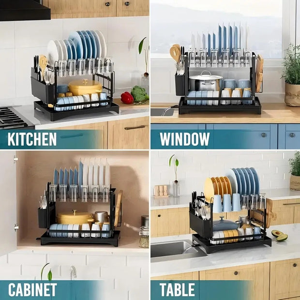 Dish Rack, 2 Tier Utensil Holder, Rustproof Dish Drying Rack With Drainboard And Utensil Holder For Kitchen Countertop, Kitchen Accessories Black